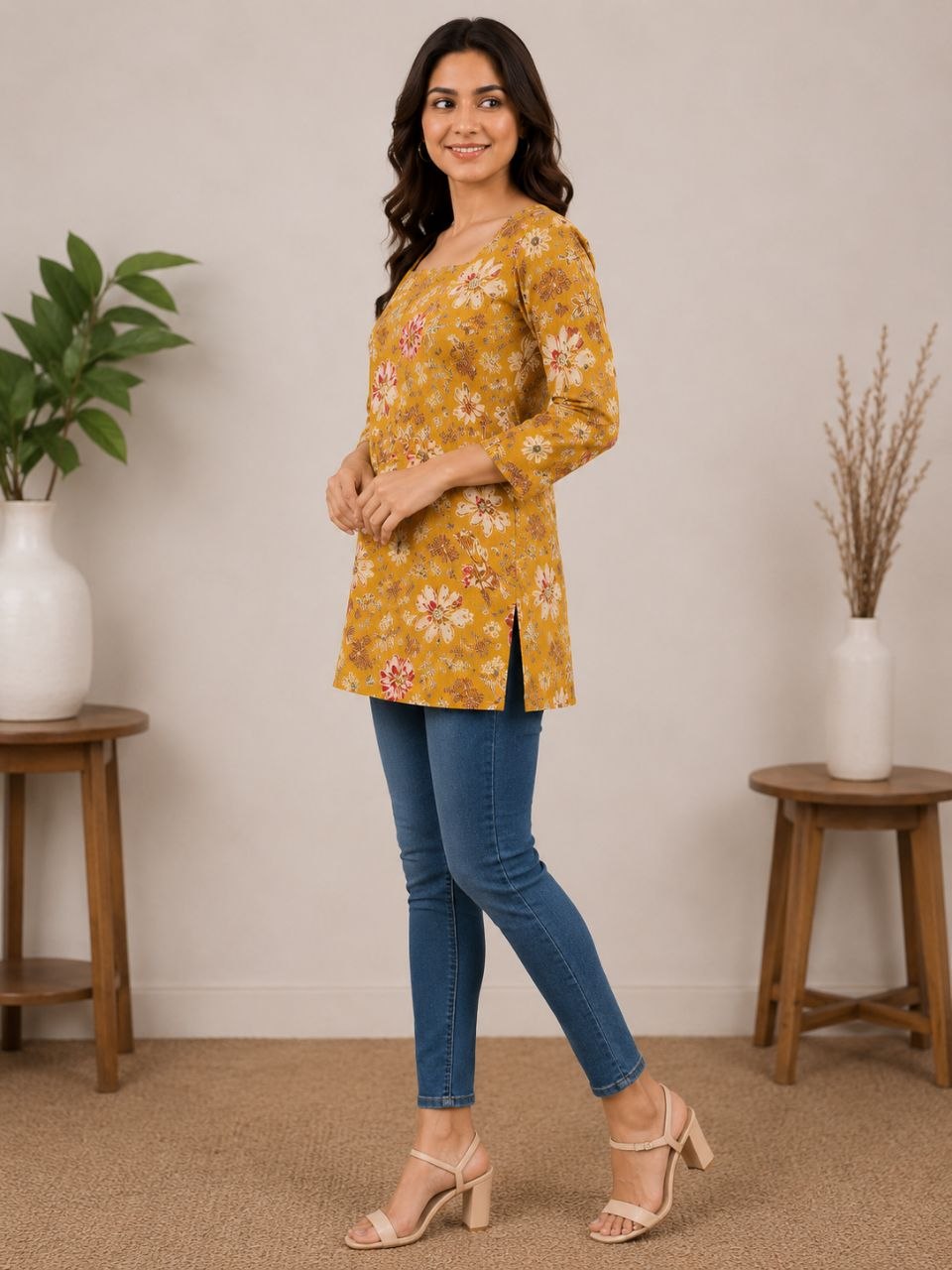 Raaya Closet Heritage Couture – Women's Mustard Floral Mill Print Tunic