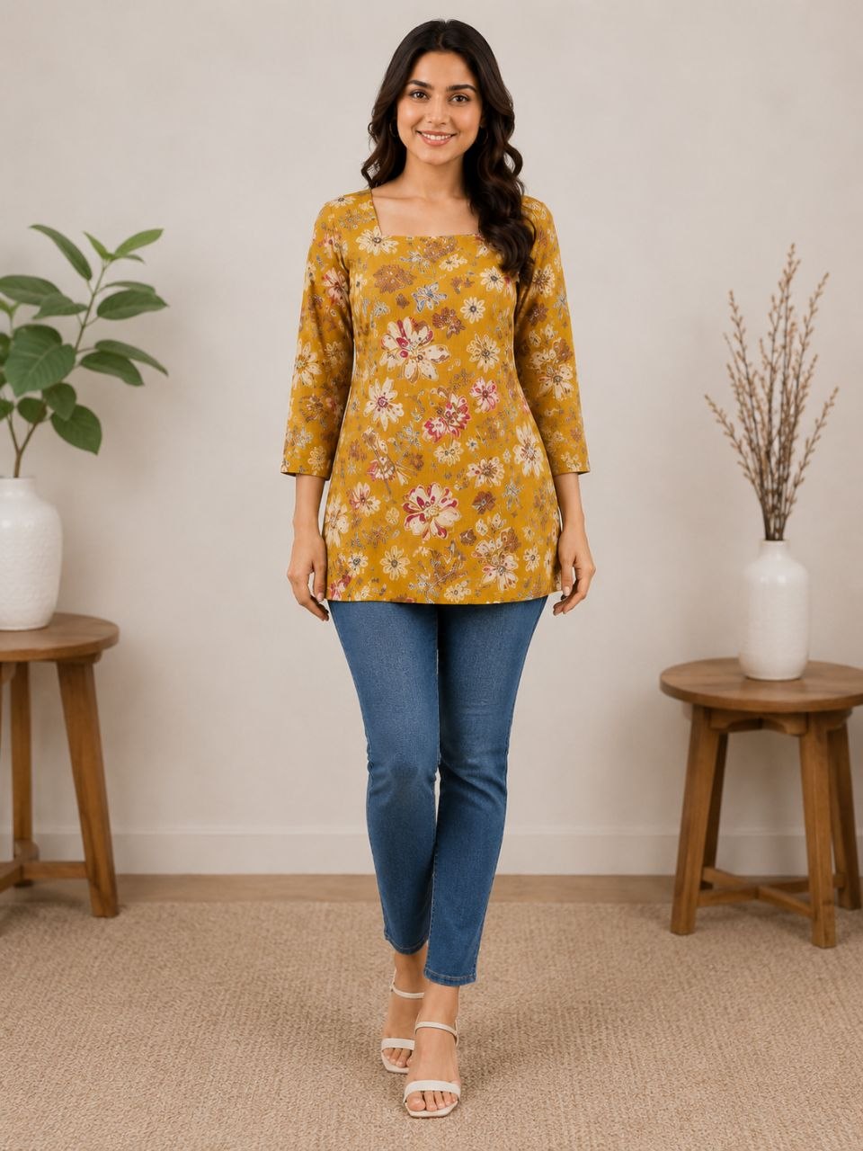 Raaya Closet Heritage Couture – Women's Mustard Floral Mill Print Tunic