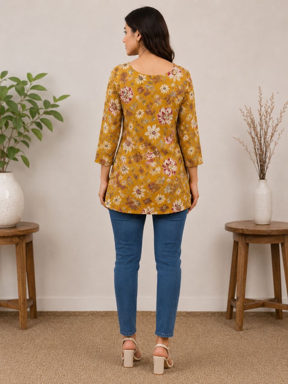 Raaya Closet Heritage Couture – Women's Mustard Floral Mill Print Tunic