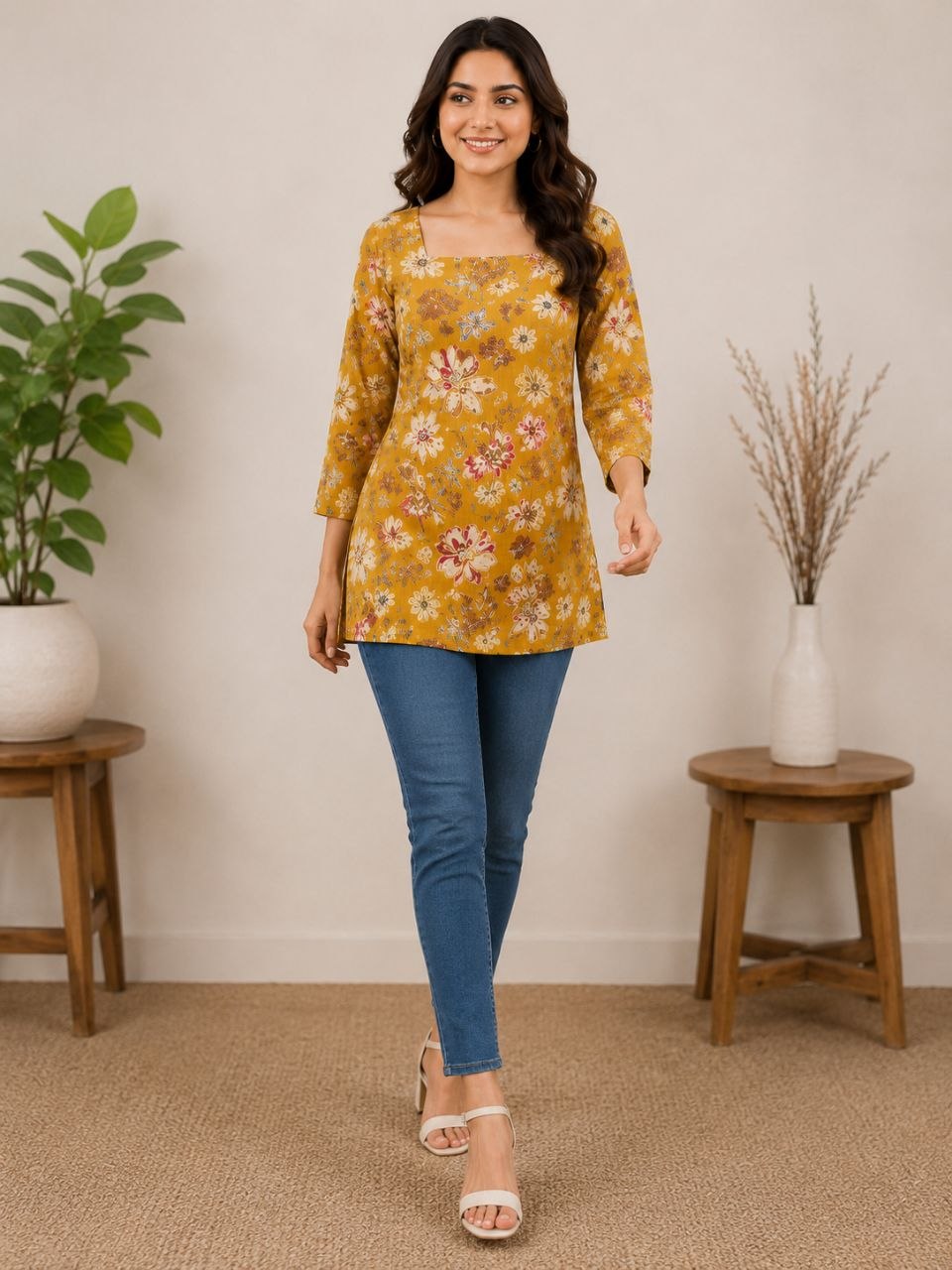 Raaya Closet Heritage Couture – Women's Mustard Floral Mill Print Tunic