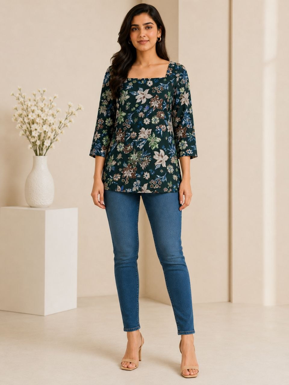 Raaya Closet Heritage Couture – Women's Dark Green Floral Mill Print Tunic