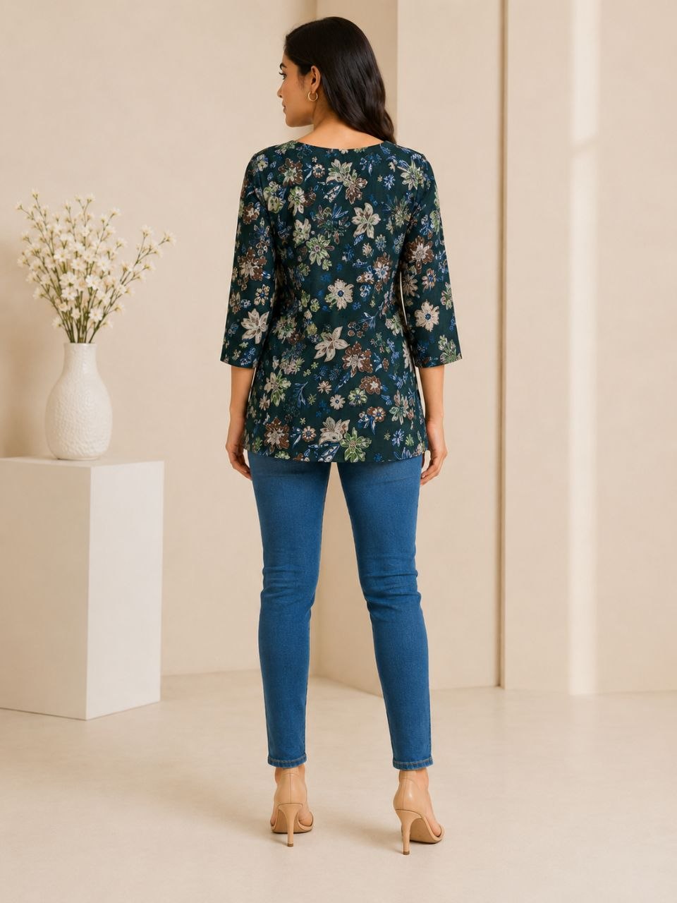 Raaya Closet Heritage Couture – Women's Dark Green Floral Mill Print Tunic