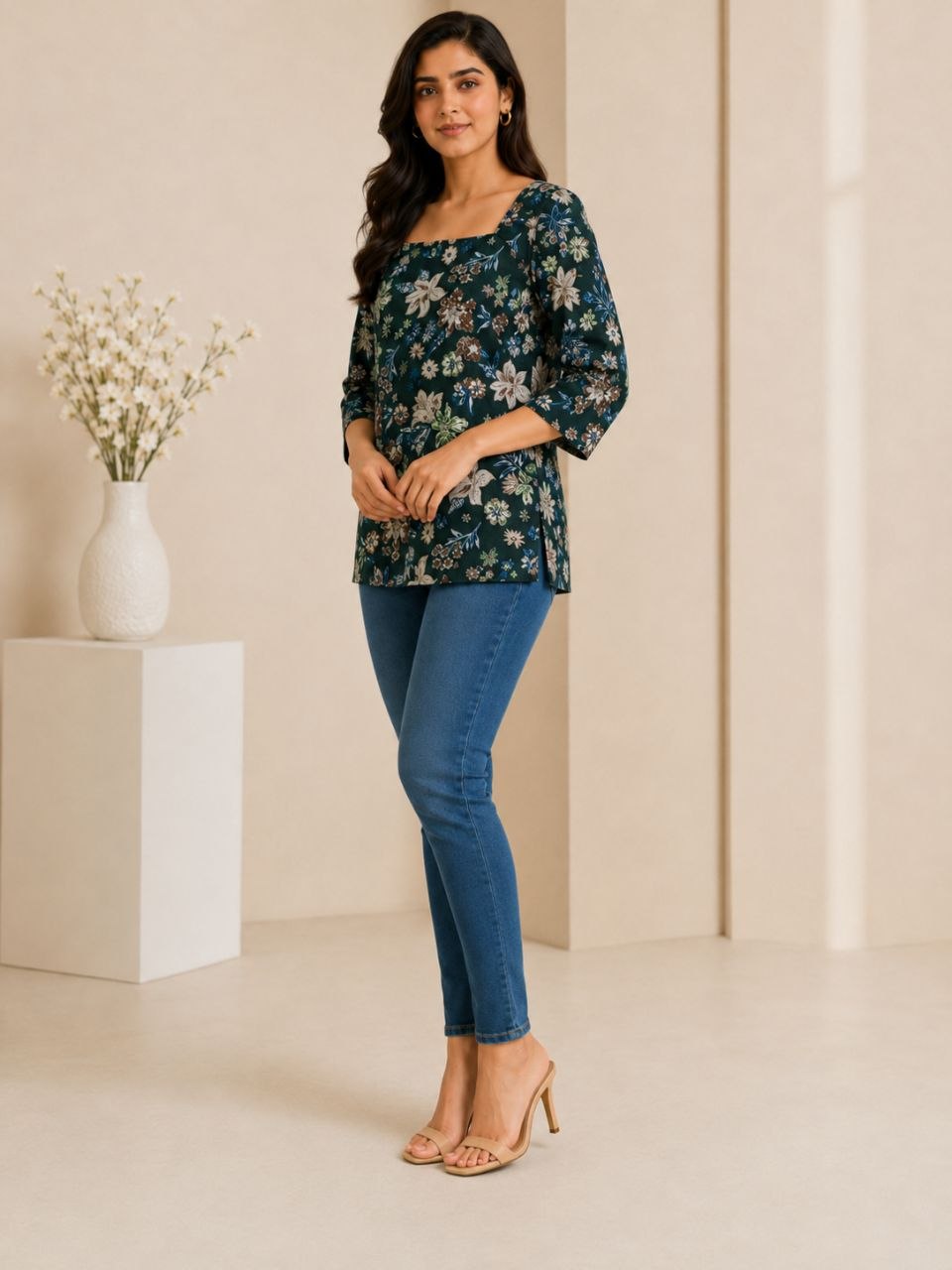 Raaya Closet Heritage Couture – Women's Dark Green Floral Mill Print Tunic