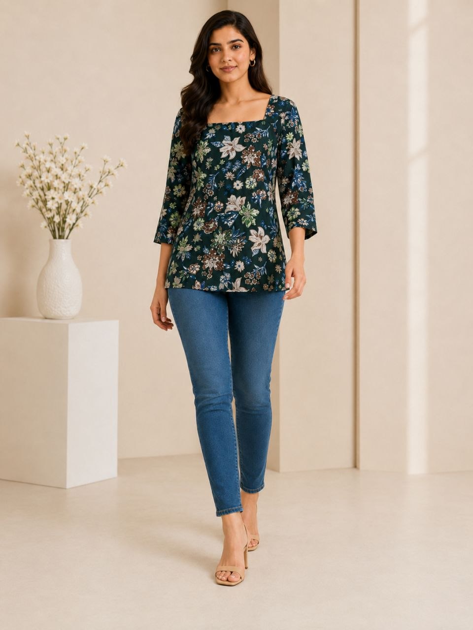 Raaya Closet Heritage Couture – Women's Dark Green Floral Mill Print Tunic