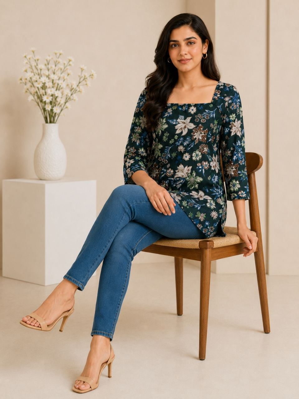 Raaya Closet Heritage Couture – Women's Dark Green Floral Mill Print Tunic