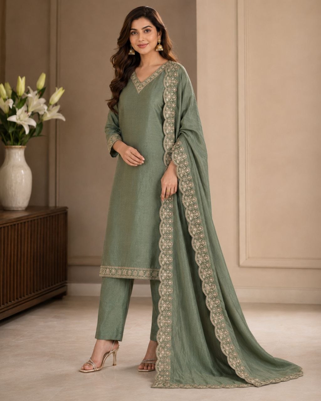 Raaya Closet Heritage Couture – Women's Sage Green Art Silk Embroidered Kurti Set with Dupatta