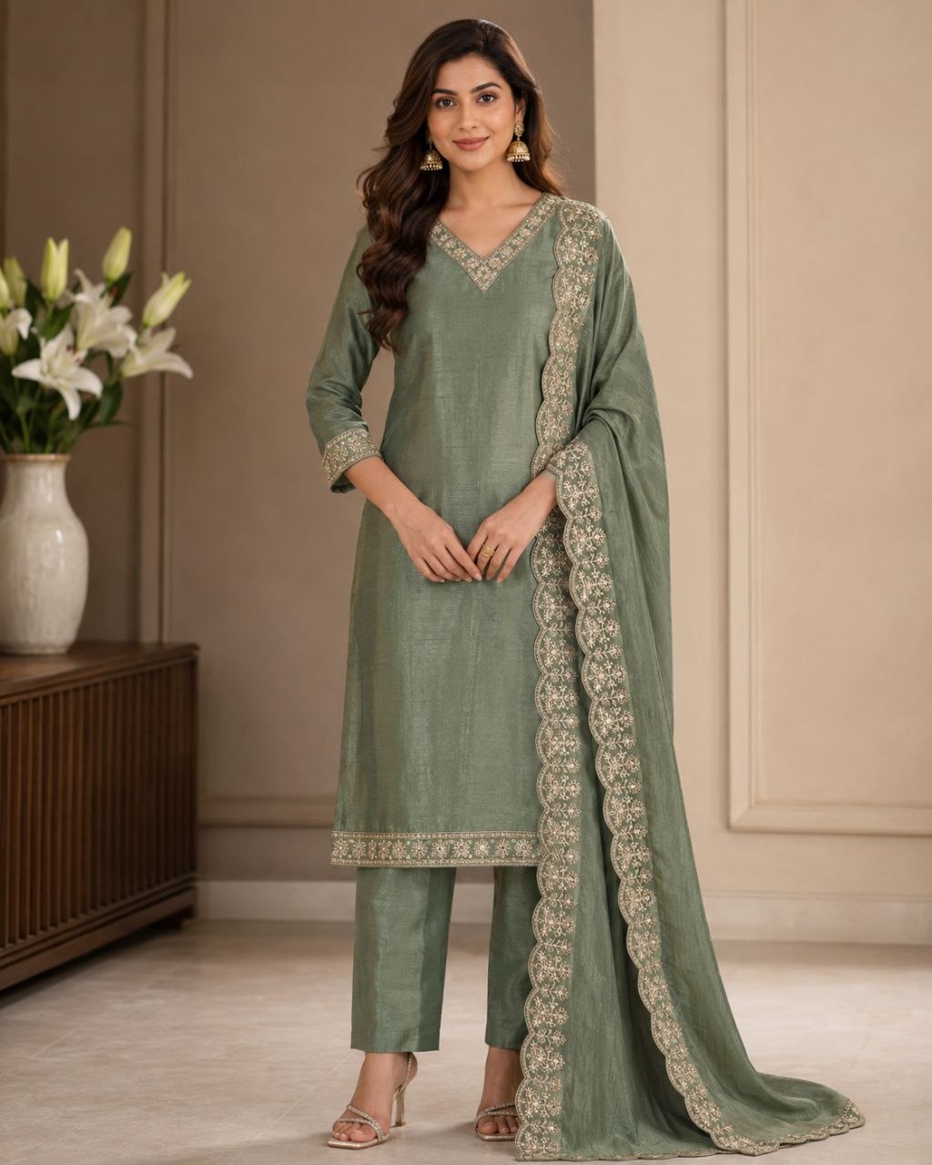 Raaya Closet Heritage Couture – Women's Sage Green Art Silk Embroidered Kurti Set with Dupatta