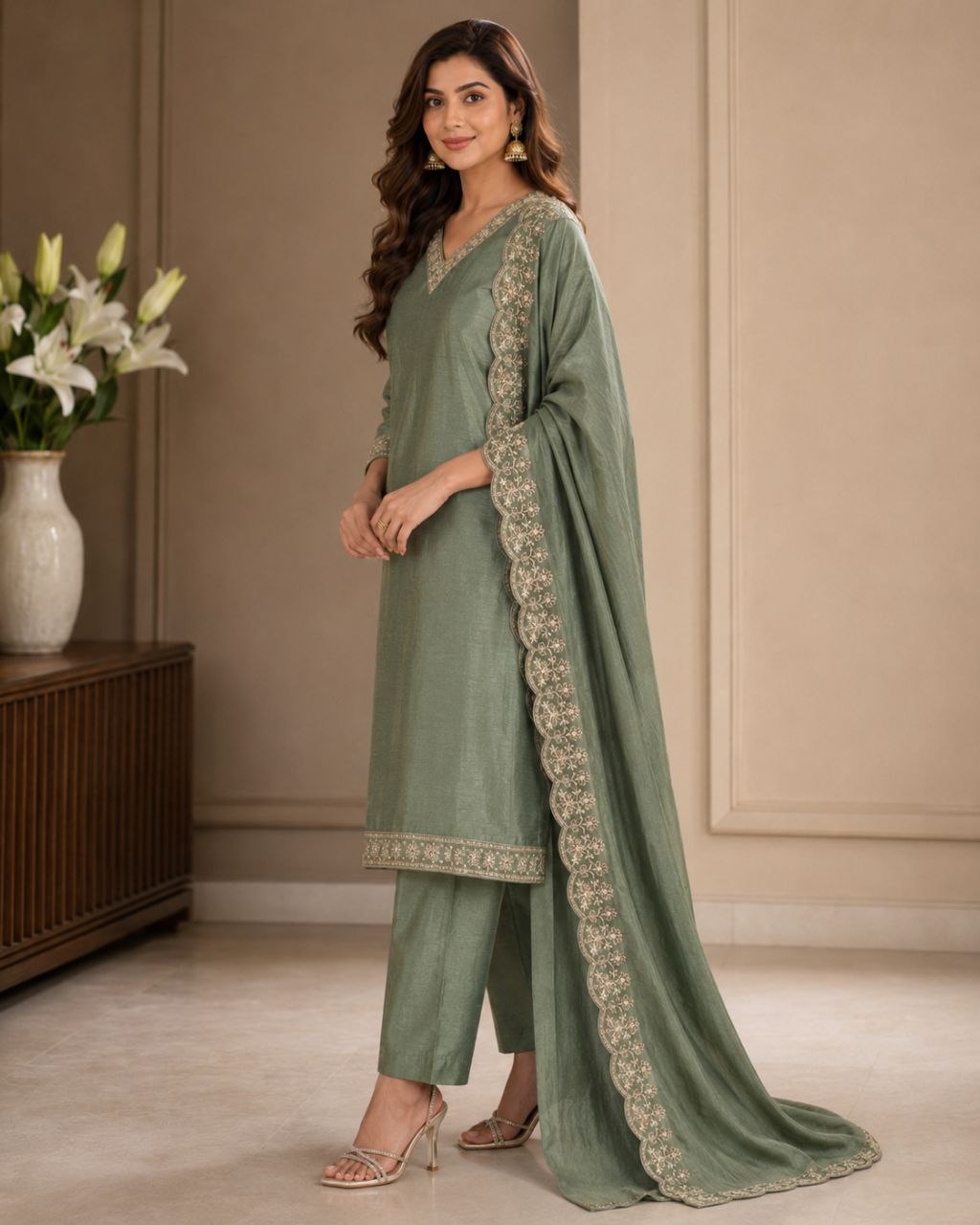 Raaya Closet Heritage Couture – Women's Sage Green Art Silk Embroidered Kurti Set with Dupatta