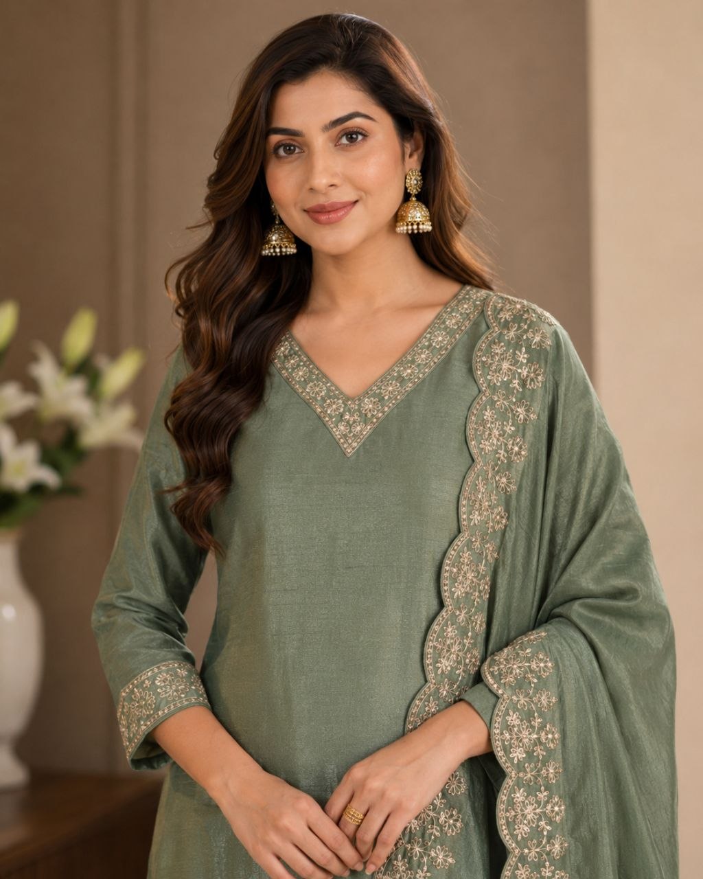 Raaya Closet Heritage Couture – Women's Sage Green Art Silk Embroidered Kurti Set with Dupatta