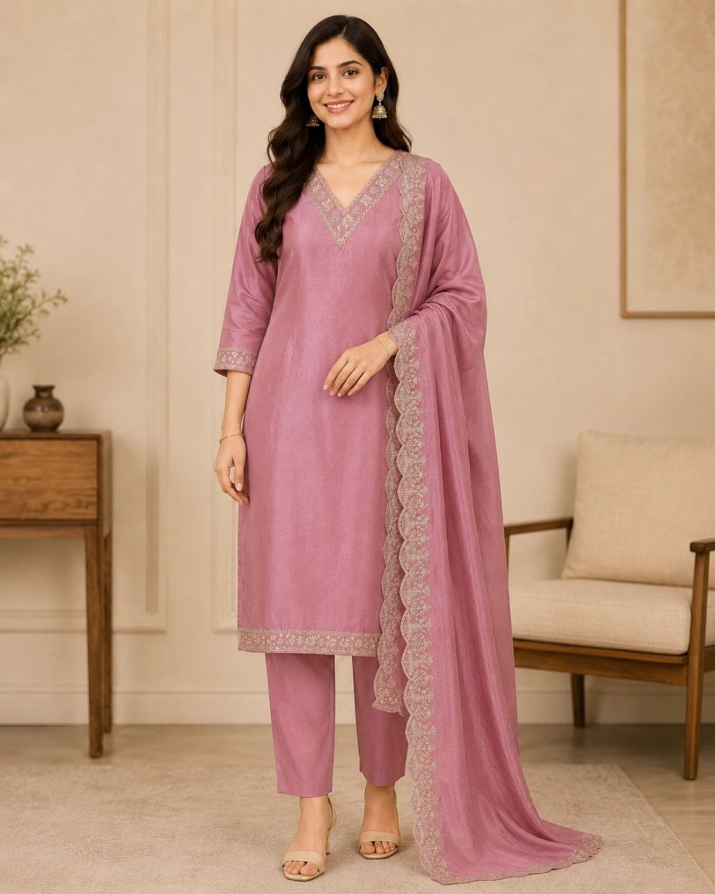 Raaya Closet Heritage Couture – Women's Dusty Pink Art Silk Embroidered Kurti Set with Dupatta