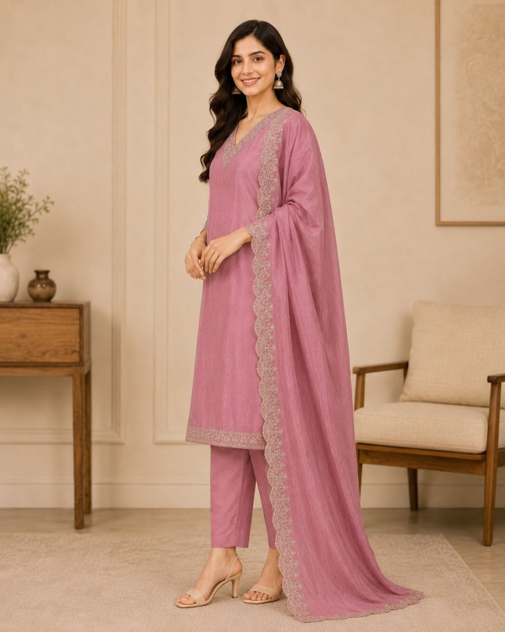 Raaya Closet Heritage Couture – Women's Dusty Pink Art Silk Embroidered Kurti Set with Dupatta