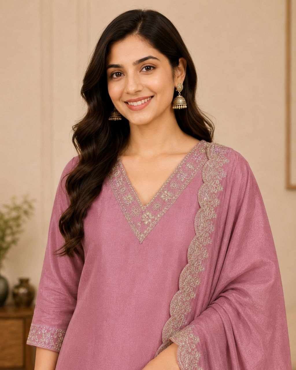 Raaya Closet Heritage Couture – Women's Dusty Pink Art Silk Embroidered Kurti Set with Dupatta