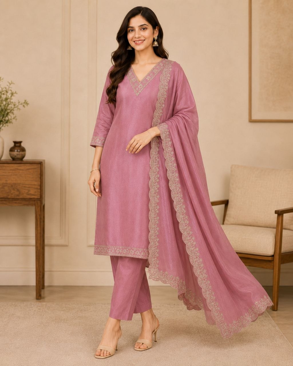 Raaya Closet Heritage Couture – Women's Dusty Pink Art Silk Embroidered Kurti Set with Dupatta