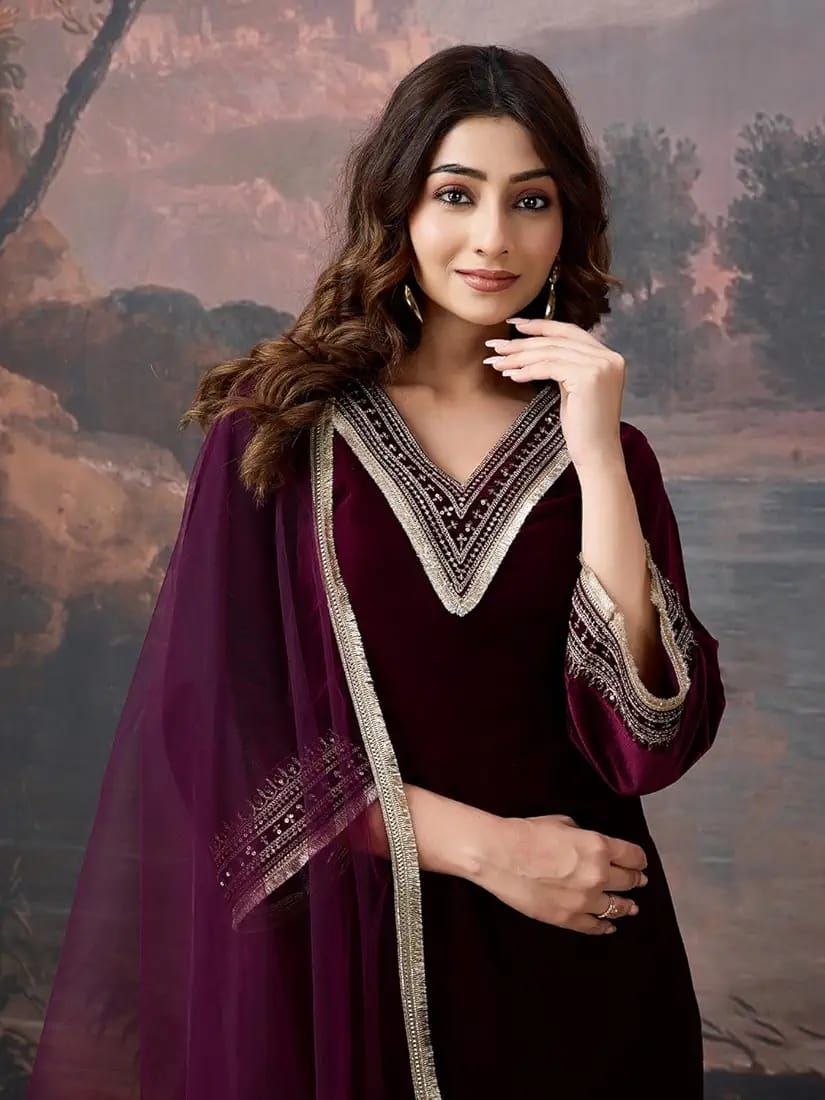 Raaya Closet Heritage Couture – Women's Wine Velvet Embroidered Kurti Set with Tissue Dupatta