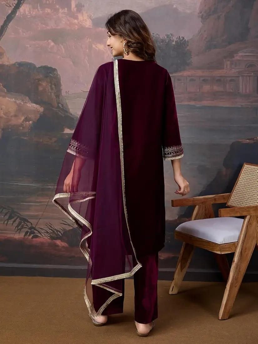 Raaya Closet Heritage Couture – Women's Wine Velvet Embroidered Kurti Set with Tissue Dupatta