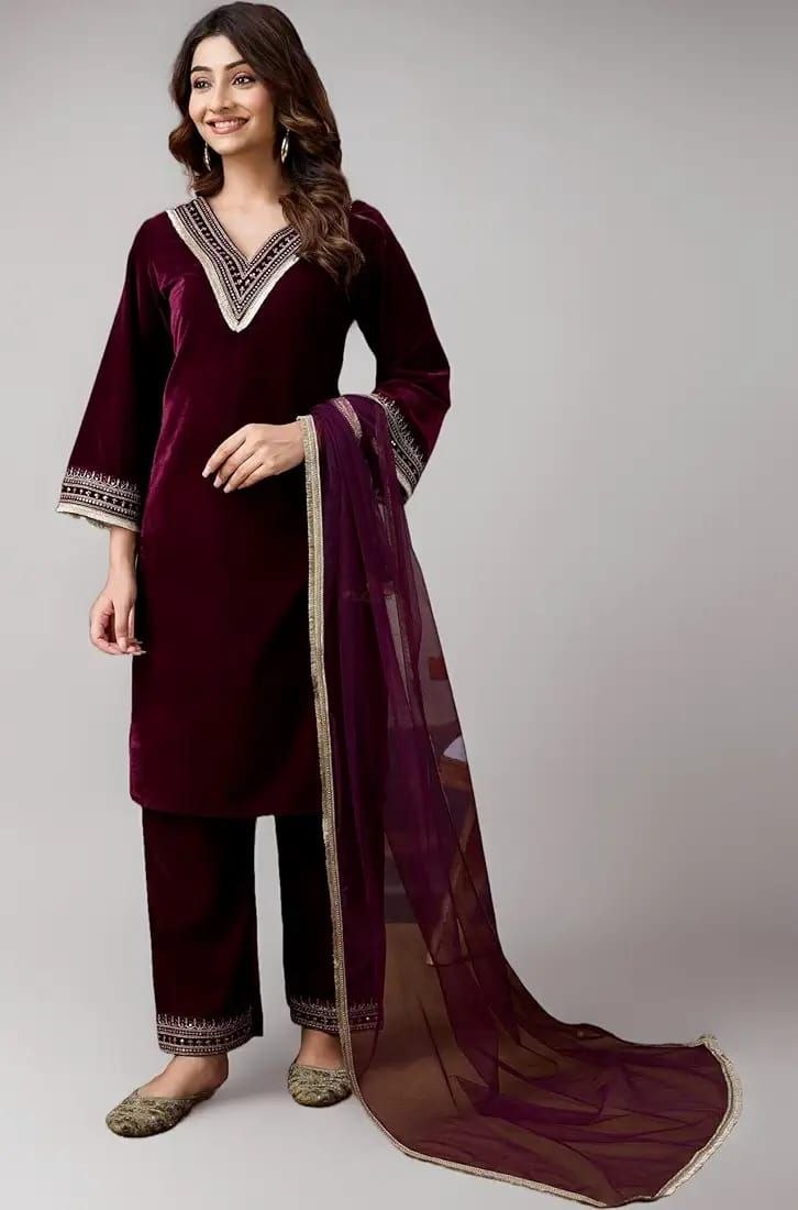 Raaya Closet Heritage Couture – Women's Wine Velvet Embroidered Kurti Set with Tissue Dupatta