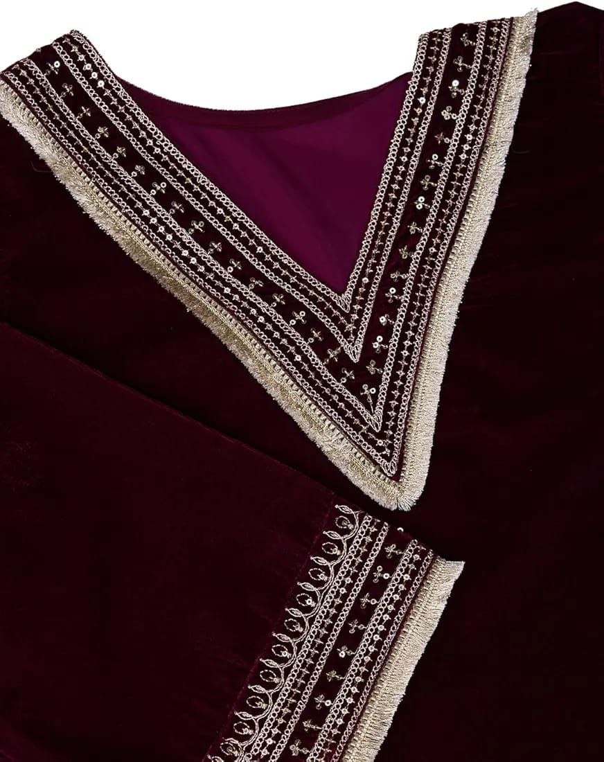 Raaya Closet Heritage Couture – Women's Wine Velvet Embroidered Kurti Set with Tissue Dupatta