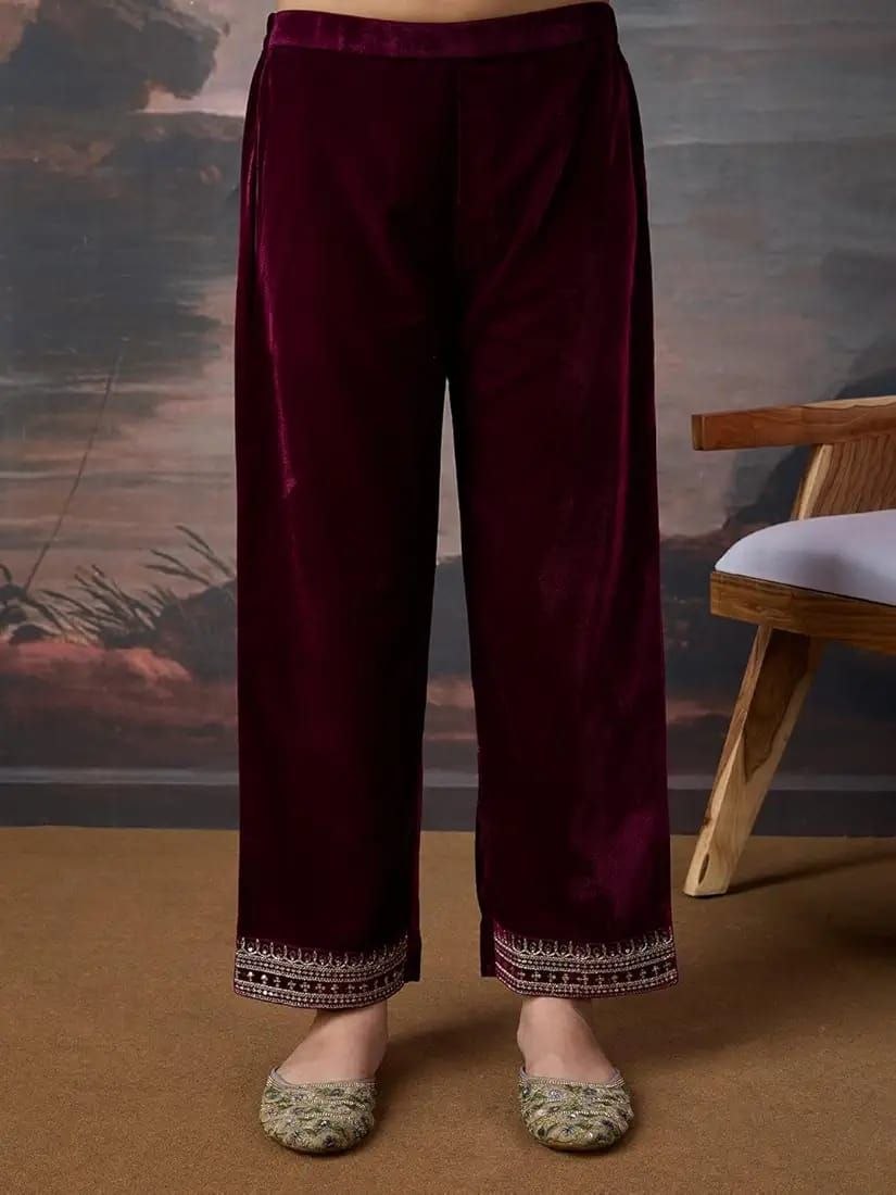 Raaya Closet Heritage Couture – Women's Wine Velvet Embroidered Kurti Set with Tissue Dupatta