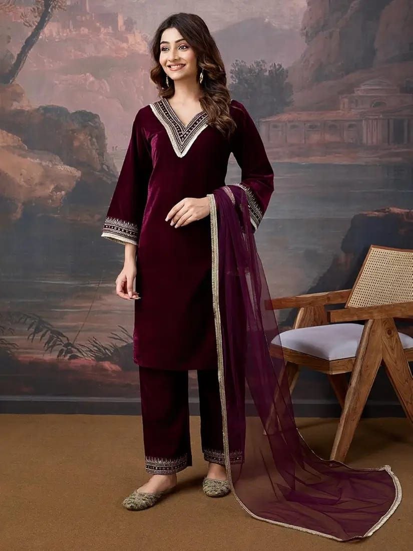 Raaya Closet Heritage Couture – Women's Wine Velvet Embroidered Kurti Set with Tissue Dupatta