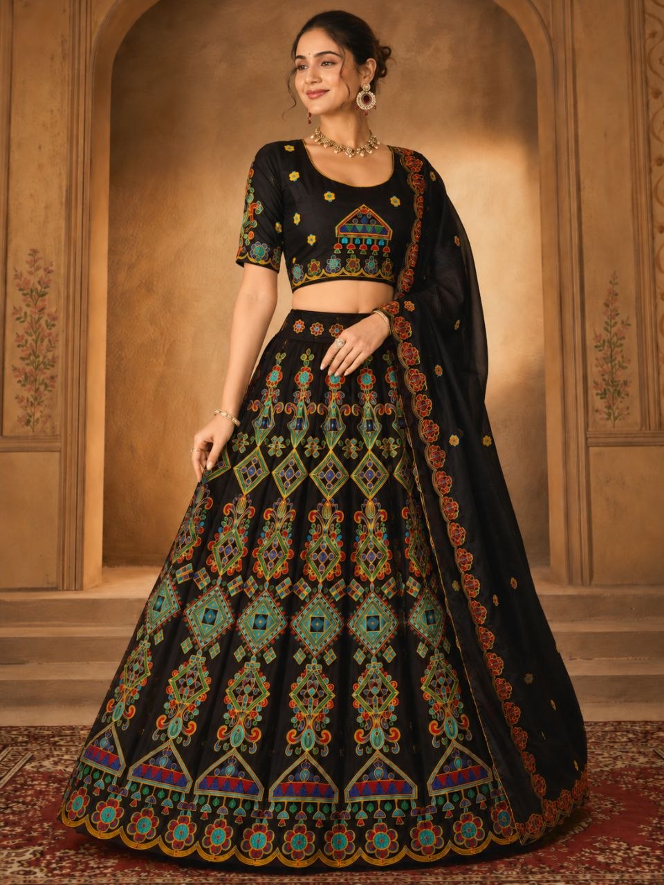 Raaya Closet Heritage Couture – Women's Black Embroidered Chinon Lehenga Choli with Dupatta