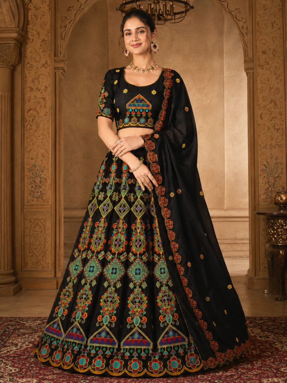 Raaya Closet Heritage Couture – Women's Black Embroidered Chinon Lehenga Choli with Dupatta