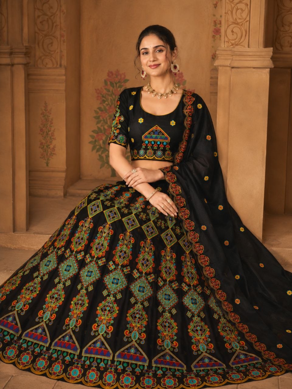 Raaya Closet Heritage Couture – Women's Black Embroidered Chinon Lehenga Choli with Dupatta