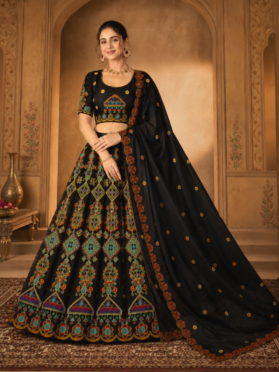 Raaya Closet Heritage Couture – Women's Black Embroidered Chinon Lehenga Choli with Dupatta